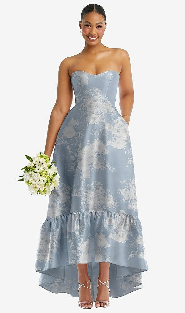 Front View - Porcelain Blue Seraphina Floral Strapless Floral High-Low Ruffle Hem Maxi Dress with Pockets