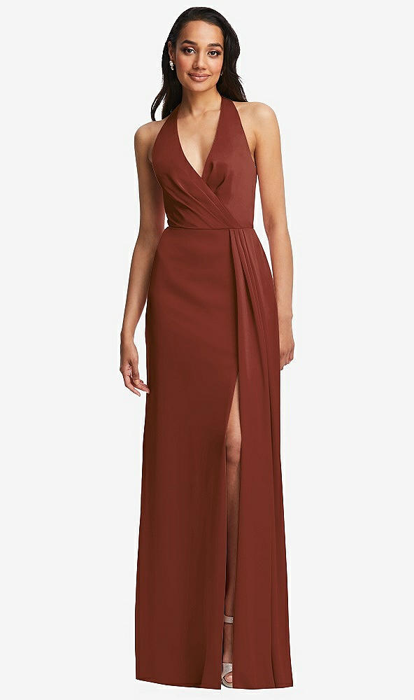 Front View - Auburn Moon Pleated V-Neck Closed Back Trumpet Gown with Draped Front Slit