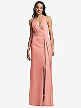 Front View Thumbnail - Rose Pleated V-Neck Closed Back Trumpet Gown with Draped Front Slit