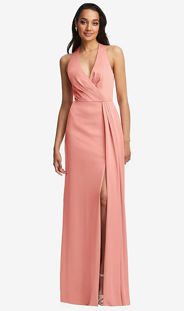 Front View - Rose Pleated V-Neck Closed Back Trumpet Gown with Draped Front Slit