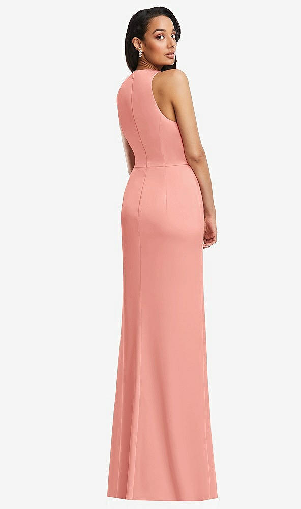 Back View - Rose Pleated V-Neck Closed Back Trumpet Gown with Draped Front Slit