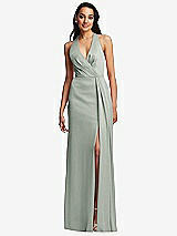 Front View Thumbnail - Willow Green Pleated V-Neck Closed Back Trumpet Gown with Draped Front Slit