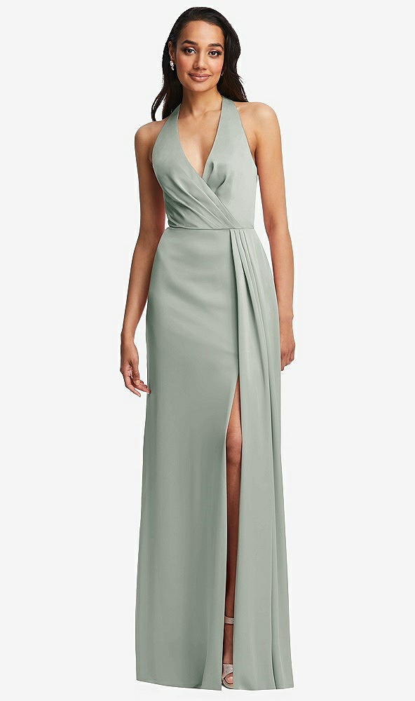 Front View - Willow Green Pleated V-Neck Closed Back Trumpet Gown with Draped Front Slit