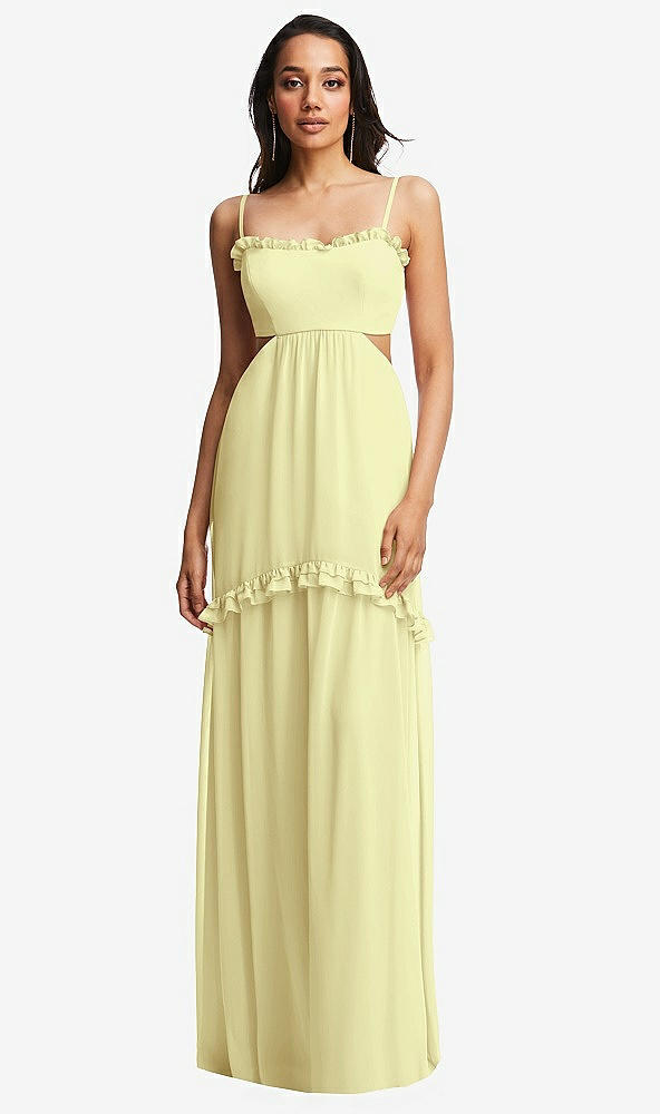 Front View - Butter Yellow Ruffle-Trimmed Cutout Tie-Back Maxi Dress with Tiered Skirt