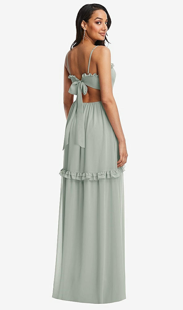 Back View - Willow Green Ruffle-Trimmed Cutout Tie-Back Maxi Dress with Tiered Skirt