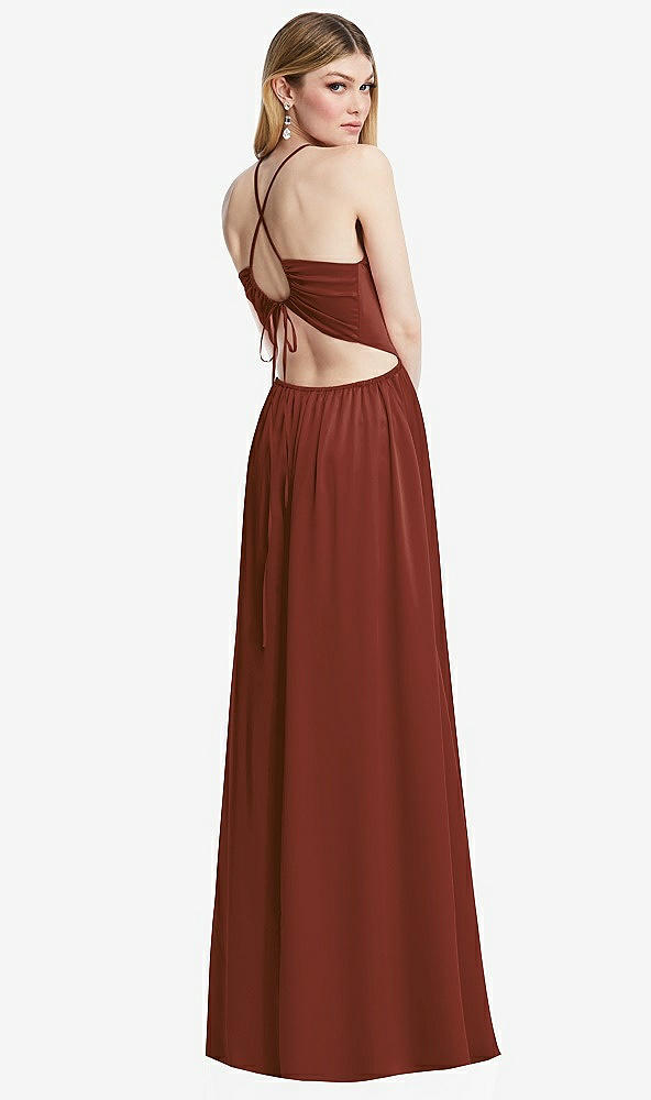 Back View - Auburn Moon Halter Cross-Strap Gathered Tie-Back Cutout Maxi Dress