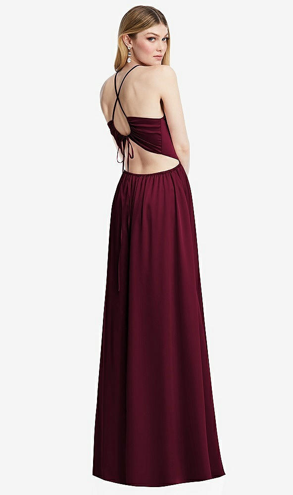 Back View - Cabernet Halter Cross-Strap Gathered Tie-Back Cutout Maxi Dress