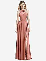 Front View Thumbnail - Desert Rose Halter Cross-Strap Gathered Tie-Back Cutout Maxi Dress