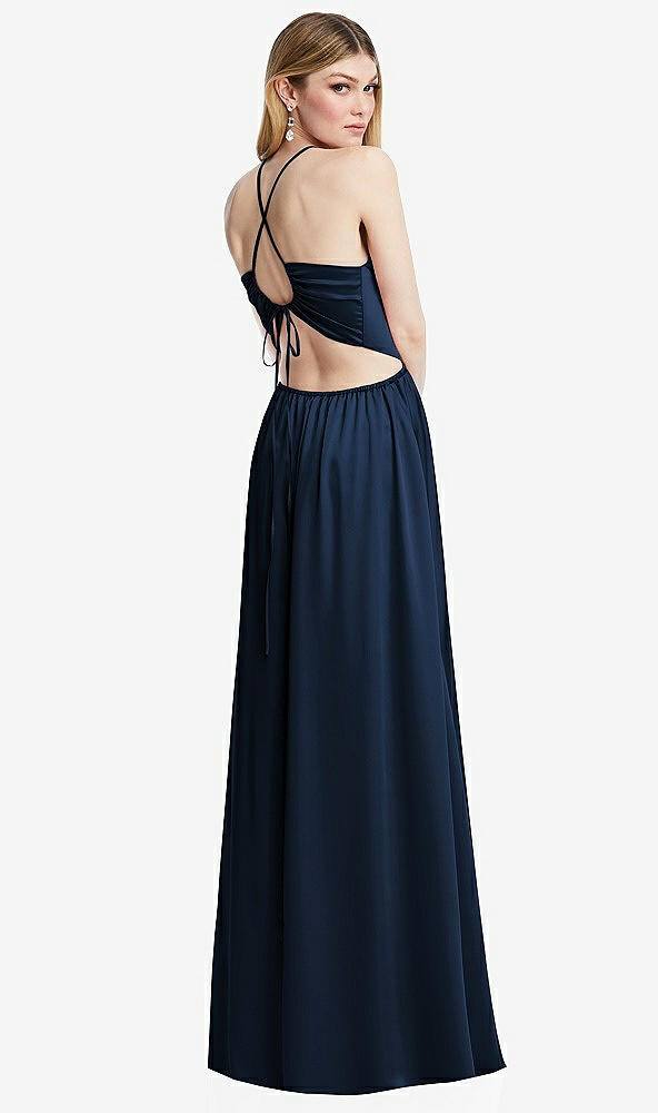 Back View - Midnight Navy Halter Cross-Strap Gathered Tie-Back Cutout Maxi Dress