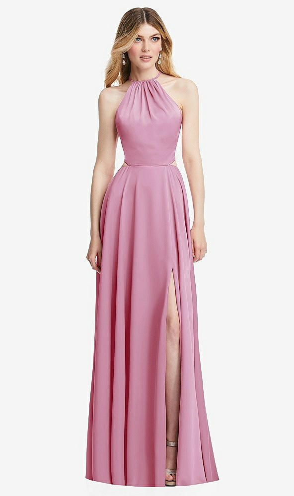 Front View - Powder Pink Halter Cross-Strap Gathered Tie-Back Cutout Maxi Dress