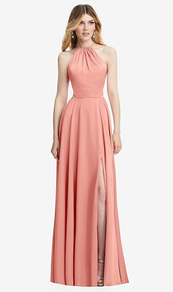 Front View - Rose - PANTONE Rose Quartz Halter Cross-Strap Gathered Tie-Back Cutout Maxi Dress