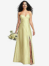 Front View Thumbnail - Butter Yellow Strapless Bustier A-Line Satin Gown with Front Slit