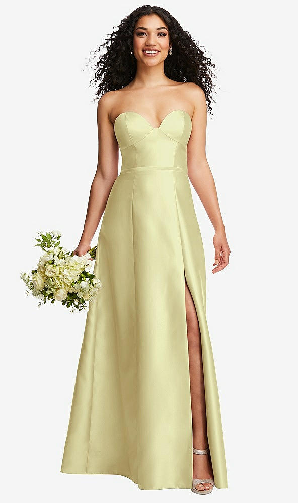 Front View - Butter Yellow Strapless Bustier A-Line Satin Gown with Front Slit