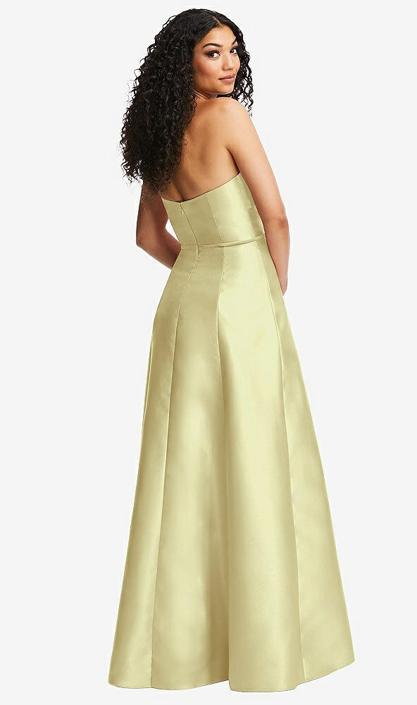 Back View - Butter Yellow Strapless Bustier A-Line Satin Gown with Front Slit