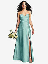 Front View Thumbnail - Coastal Strapless Bustier A-Line Satin Gown with Front Slit