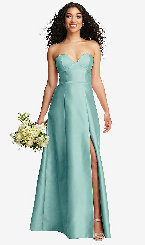 Front View - Coastal Strapless Bustier A-Line Satin Gown with Front Slit