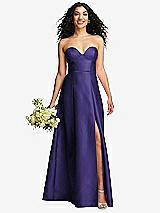 Front View Thumbnail - Grape Strapless Bustier A-Line Satin Gown with Front Slit