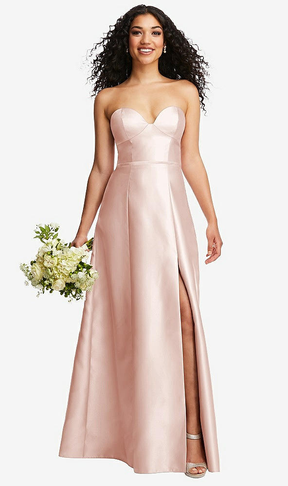 Front View - Blush Strapless Bustier A-Line Satin Gown with Front Slit