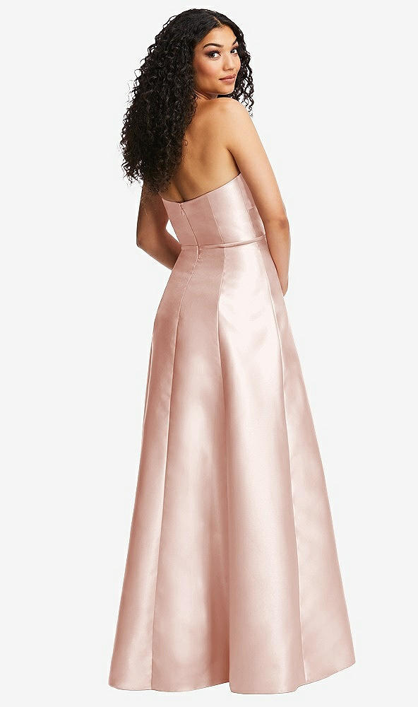 Back View - Blush Strapless Bustier A-Line Satin Gown with Front Slit