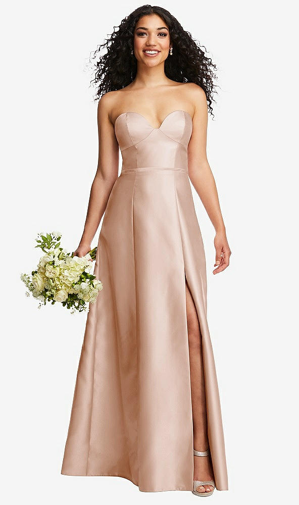 Front View - Cameo Strapless Bustier A-Line Satin Gown with Front Slit