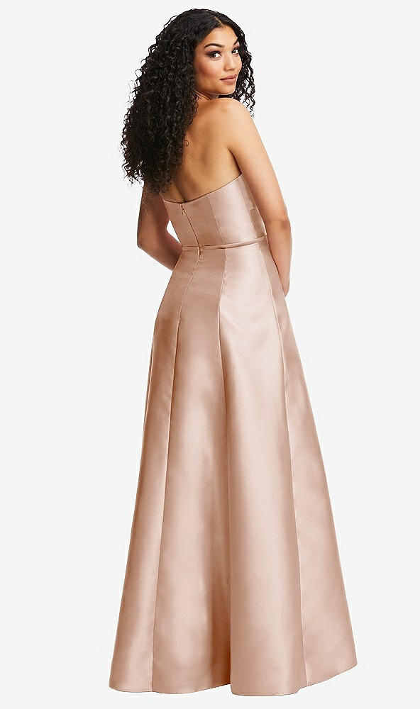 Back View - Cameo Strapless Bustier A-Line Satin Gown with Front Slit