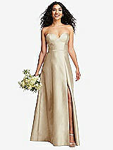 Front View Thumbnail - Champagne Strapless Bustier A-Line Satin Gown with Front Slit