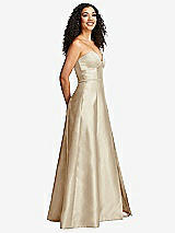 Side View Thumbnail - Champagne Strapless Bustier A-Line Satin Gown with Front Slit