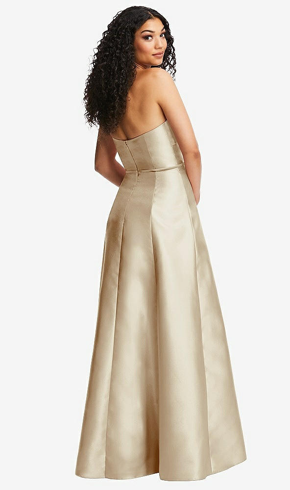 Back View - Champagne Strapless Bustier A-Line Satin Gown with Front Slit