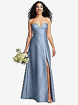 Front View Thumbnail - Cloudy Strapless Bustier A-Line Satin Gown with Front Slit