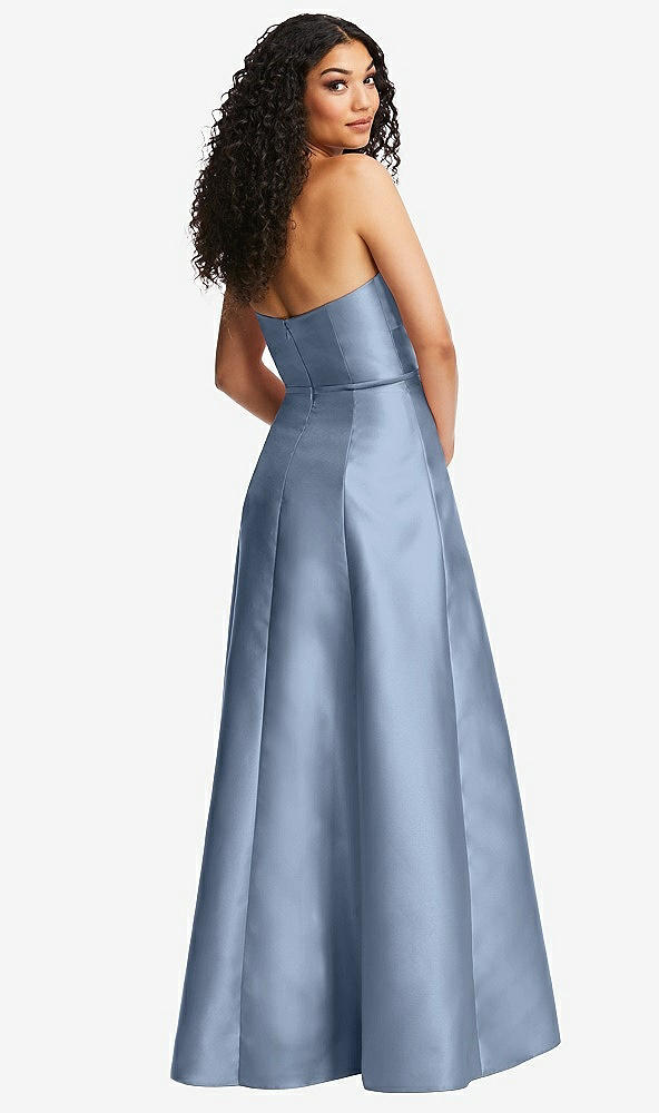 Back View - Cloudy Strapless Bustier A-Line Satin Gown with Front Slit