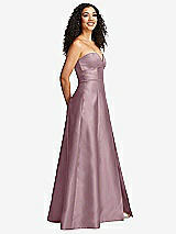 Side View Thumbnail - Dusty Rose Strapless Bustier A-Line Satin Gown with Front Slit