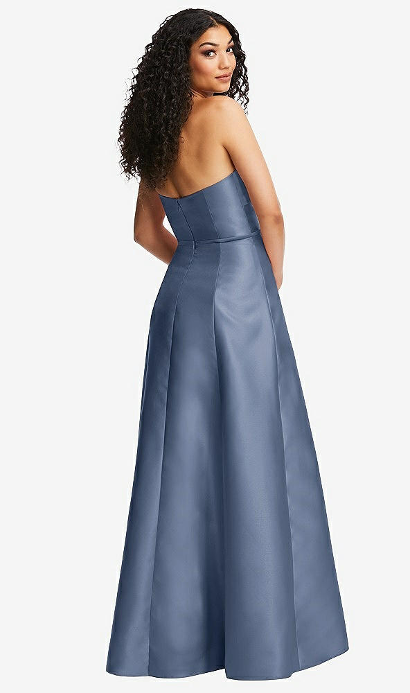 Back View - Larkspur Blue Strapless Bustier A-Line Satin Gown with Front Slit