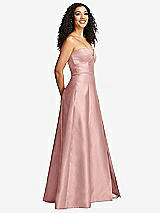 Side View Thumbnail - Rose - PANTONE Rose Quartz Strapless Bustier A-Line Satin Gown with Front Slit