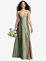 Front View Thumbnail - Sage Strapless Bustier A-Line Satin Gown with Front Slit