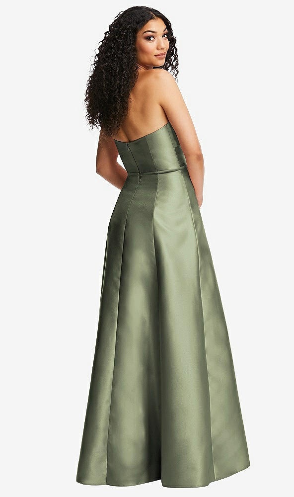 Back View - Sage Strapless Bustier A-Line Satin Gown with Front Slit