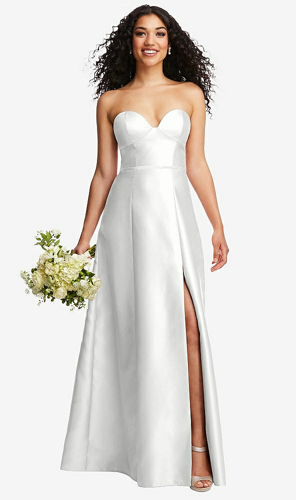 Front View - White Strapless Bustier A-Line Satin Gown with Front Slit