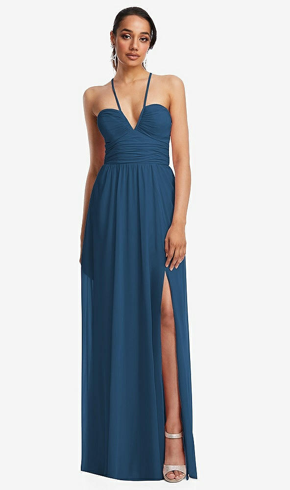 Front View - Dusk Blue Plunging V-Neck Criss Cross Strap Back Maxi Dress