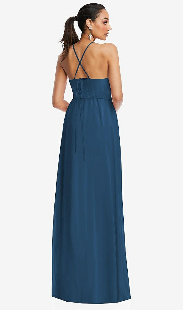 Back View - Dusk Blue Plunging V-Neck Criss Cross Strap Back Maxi Dress