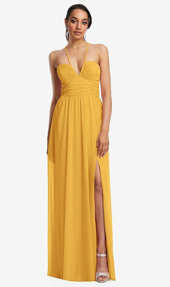 Front View - NYC Yellow Plunging V-Neck Criss Cross Strap Back Maxi Dress