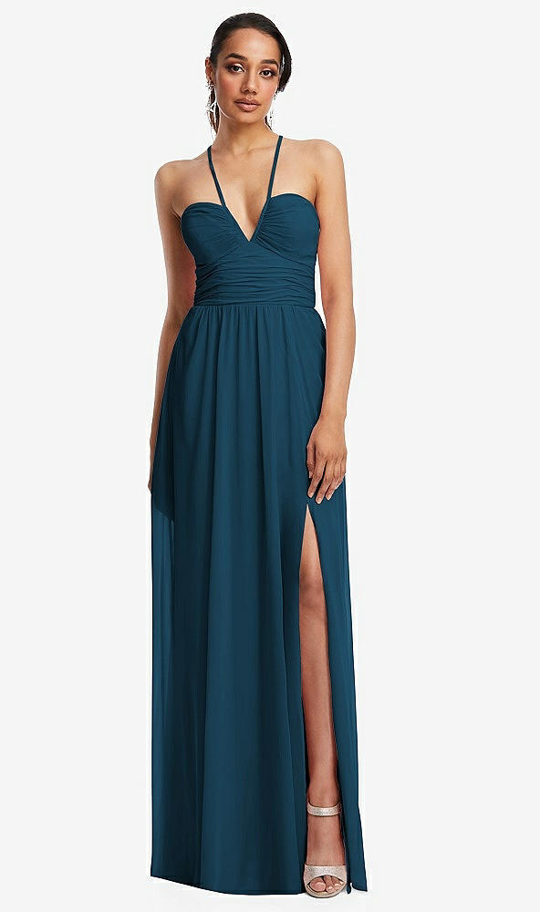 Front View - Atlantic Blue Plunging V-Neck Criss Cross Strap Back Maxi Dress