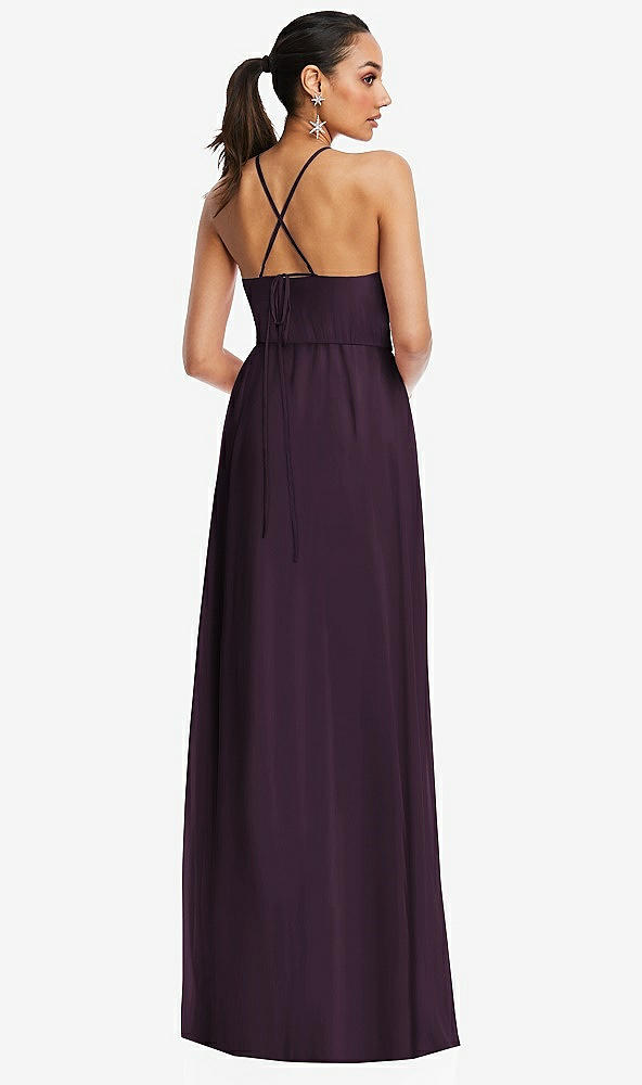 Back View - Aubergine Plunging V-Neck Criss Cross Strap Back Maxi Dress