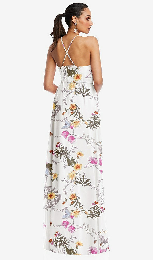 Back View - Butterfly Botanica Ivory Plunging V-Neck Criss Cross Strap Back Maxi Dress