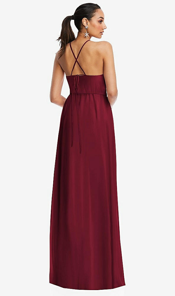 Back View - Burgundy Plunging V-Neck Criss Cross Strap Back Maxi Dress