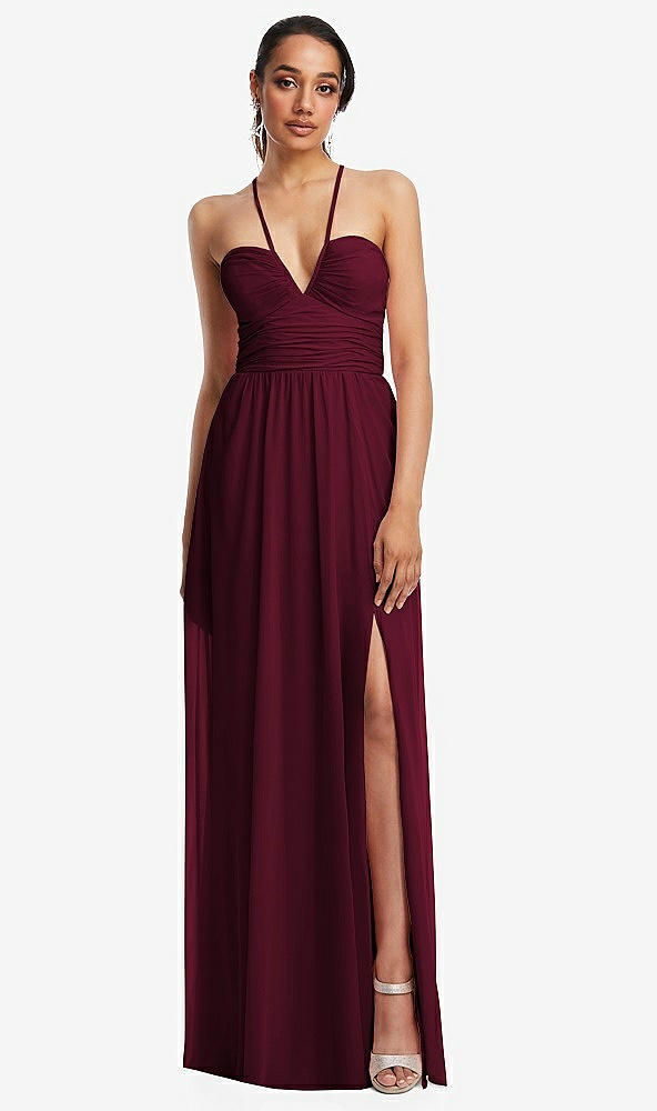 Front View - Cabernet Plunging V-Neck Criss Cross Strap Back Maxi Dress