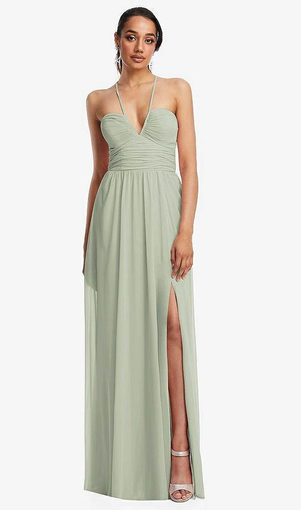 Front View - Celadon Plunging V-Neck Criss Cross Strap Back Maxi Dress