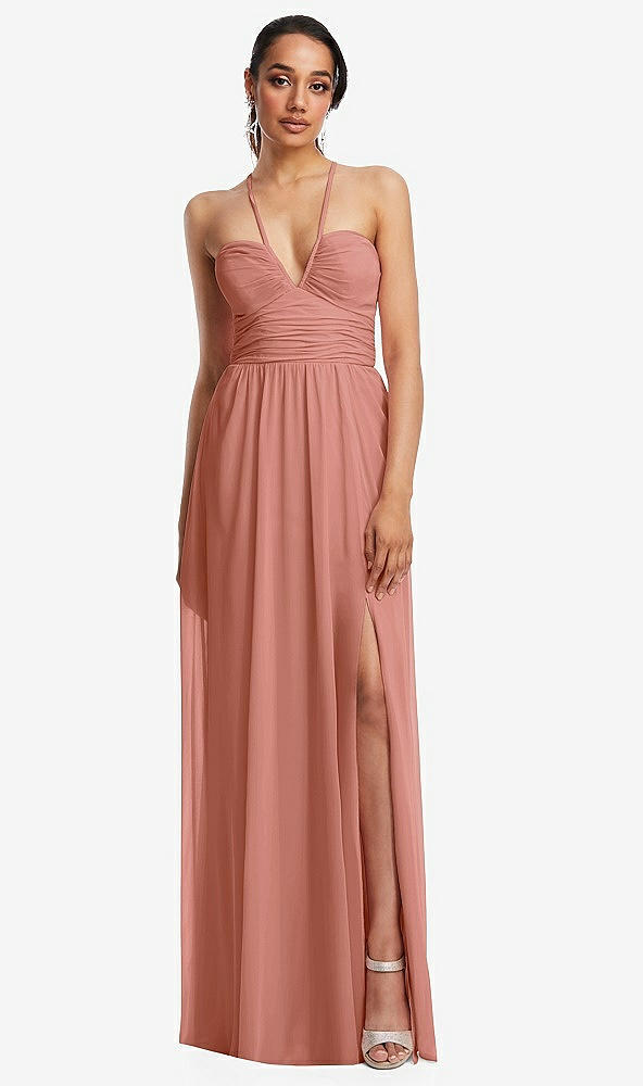 Front View - Desert Rose Plunging V-Neck Criss Cross Strap Back Maxi Dress