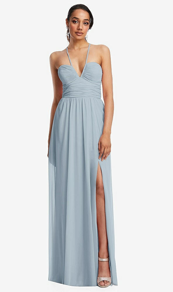 Front View - Mist Plunging V-Neck Criss Cross Strap Back Maxi Dress