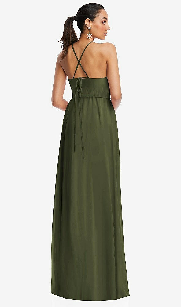 Back View - Olive Green Plunging V-Neck Criss Cross Strap Back Maxi Dress