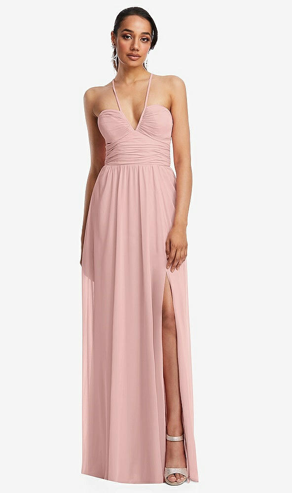 Front View - Rose - PANTONE Rose Quartz Plunging V-Neck Criss Cross Strap Back Maxi Dress