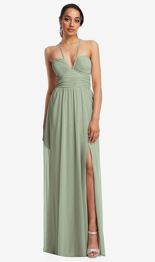 Front View - Sage Plunging V-Neck Criss Cross Strap Back Maxi Dress